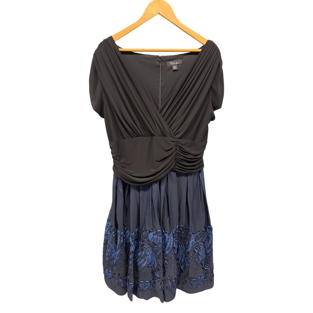 S.L. Fashions Ruched Soutache Taffeta Dress Womens 18W Black Navy Evening NWT